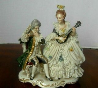 Antique Dresden Volkstedt Hand Painted Lace Musicians Couple Figurine