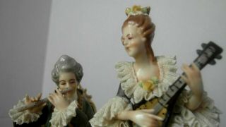 ANTIQUE DRESDEN VOLKSTEDT HAND PAINTED LACE MUSICIANS COUPLE FIGURINE 2