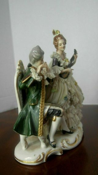 ANTIQUE DRESDEN VOLKSTEDT HAND PAINTED LACE MUSICIANS COUPLE FIGURINE 6