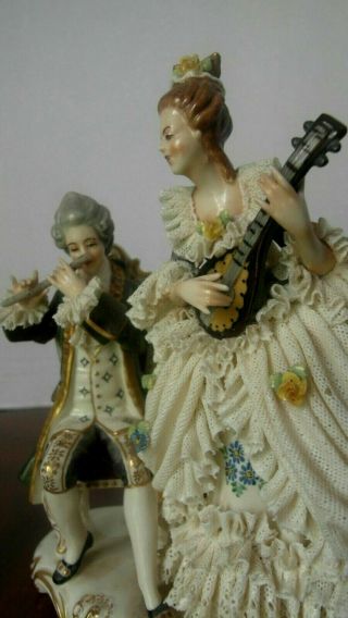 ANTIQUE DRESDEN VOLKSTEDT HAND PAINTED LACE MUSICIANS COUPLE FIGURINE 7