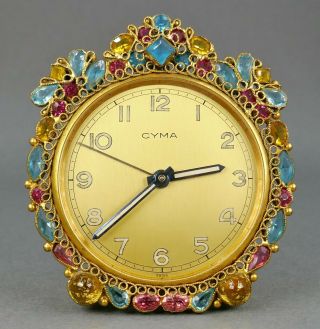 Fine Vtg Swiss Miniature Jeweled By Robert Cyma Table Alarm Clock