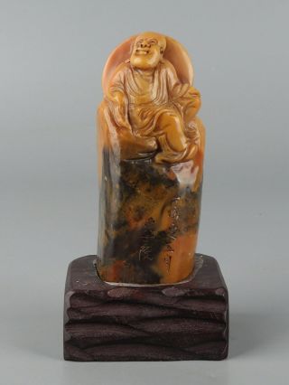 Chinese Exquisite Hand - Carved Buddha Carving Shoushan Stone Seal With Base