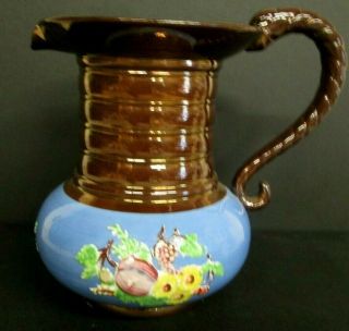 Very Large Antique English Copper Luster Pitcher W/serpent Handle W/blue Body