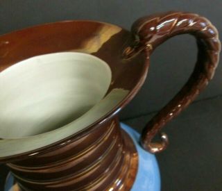 VERY LARGE ANTIQUE ENGLISH COPPER LUSTER PITCHER W/SERPENT HANDLE W/BLUE BODY 8