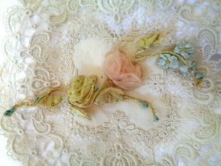 5 " Victorian French Soft Pink Silk Ribbonwork Rose Leaves Flowers On Vine