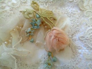 Elegant Victorian French Soft Pink Silk Ribbonwork Rose Leaves Flowers On Vine