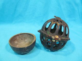 Hanging Cast Iron String Twine Holder With Painted Flowers And Inner Bowl Base