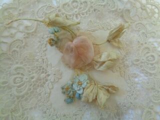 Victorian French Soft Pink Silk Ribbonwork Rose Leaves Flowers On Vine