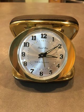 Vintage Westclox Travel Ben Alarm Clock Brown Case Gold And Silver Glow Dark