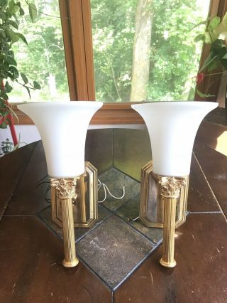 Pair Vintage Hollywood Regency Electric Brass Wall Torch Light Fixtures Sconces