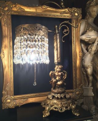 Fine Antique French Neoclassic Revival Gilt Bronze Cherub Lamp W/ Crystals C1915