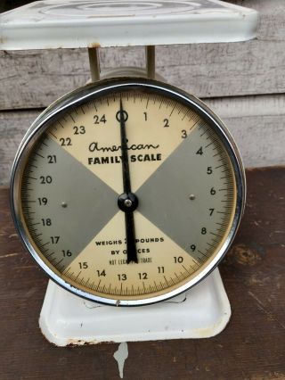 Vtg Antique American Family 25 Lb Kitchen Counter Scale White Metal Glass Face