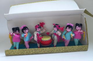 Vintage Red China Fabric Music Playing Girl Figures Set Of 6 Nmib 1960 