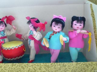 Vintage Red China Fabric MUSIC PLAYING GIRL FIGURES set of 6 NMIB 1960 ' s 3
