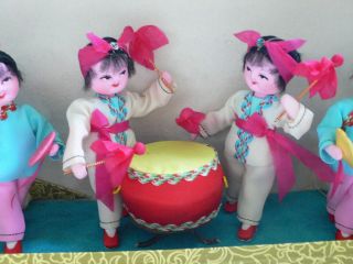 Vintage Red China Fabric MUSIC PLAYING GIRL FIGURES set of 6 NMIB 1960 ' s 4