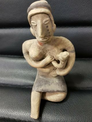 Authentic Antique Ancient Mayan Or Aztec Pottery Statute Figure Mother / Baby