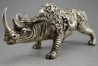 Chinese old copper plating silver Beast Kirin Kylin rhino Rhinoceros Statue f02 3