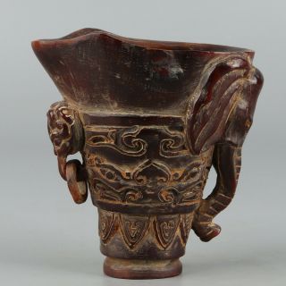 Chinese Exquisite Hand - Carved Elephant Carving Ox Horn Cup