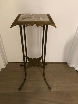 Antique Victorian Style Metal & Marble Plant Stand Ornate Filigree Con