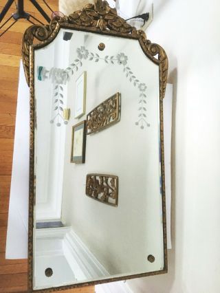 Vintage Beveled & Etched Mirror,  Flower Screws,  Carved Wood Frame Shabby Chic