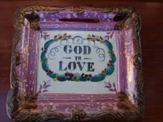 Antique Sunderland Lustre Ware Pottery Wall Plaque C1860 " God Is Love "