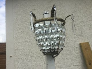 Vintage Lead Crystal Glass Droplets & Gilt Brass Wall Scone Light & Mirror Back