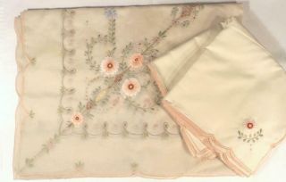 Vintage Tablecloth W/12 Napkins W/spectacular Embroidery On Organdy 70 " X108 "