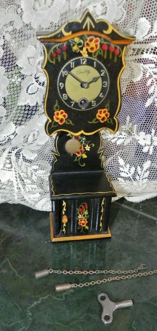 Mini Wood Grandfather Clock,  Made In Germany,  Bradley,  Black With Flowers