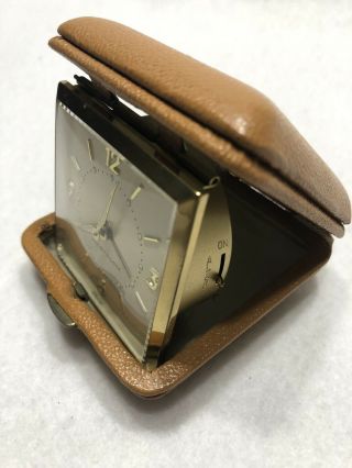 Vintage Westclox Travel Alarm Clock German Made Gold Trim Tan Leather Hand Wind