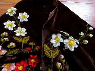 ANTIQUE VICTORIAN HD - EMBROIDERY LUSH SILK CHENILLE FLOWER FINE VELVETEEN FABRIC 3