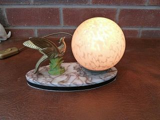 French Vintage/art Deco Bronzed Spelter Bird On Oval Marble Table Lamp