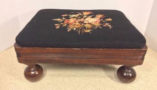 Antique Empire Style Mahogany Footstool W/ Needlepoint Top Cannonball Legs