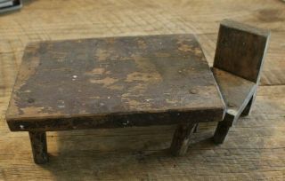 Antique Primitive Hand Carved Wooden Table Chair Dollhouse Child Toy Folk Art