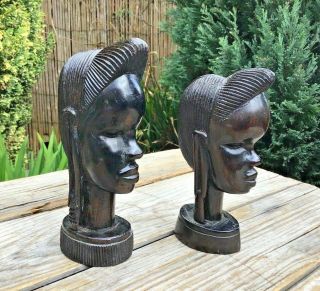 X2 Vintage Ebony Wooden Hand Carved African Head / Busts