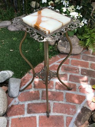 Vintage Antique Cast Iron & Brass Plant Stand With Marble Top Victorian