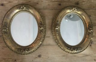 Pair Ornate Antique Oval Gold Gilt Wood Picture Frames Mirrors 12.  75” X 10.  75”