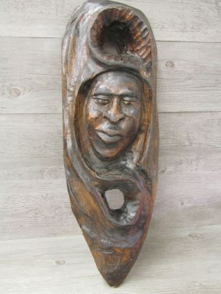 22 " X 8 " X 4 " African Hand Crafted Relief Wood Mask Hanging Wall Sculpture Face