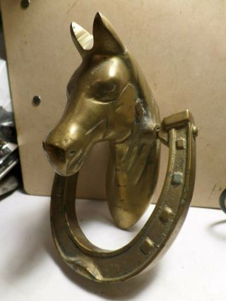 Vintage Solid Cast Brass Door Knocker Horse Head With Horseshoe