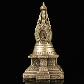 Chinese Old Copper Plating Silver Hand - Made Gold Drawing Pagoda Statue E02f