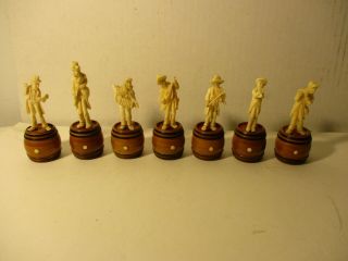 Antique Continental Carved Ivory Color Resin Statues Of Musicians On Barrels 7