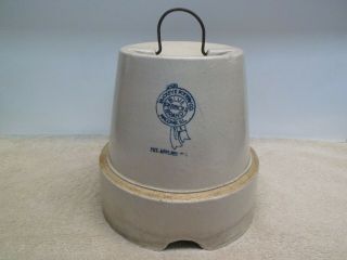 Antique Porcelain Stoneware Crock Chicken Feeder,  Buckeye Pottery Blue Ribbon