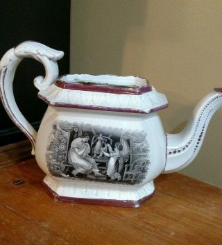 Antique Ironstone Black Transferware Tea Pot - Mother,  Child Playing W Doll