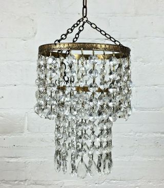 Small Vintage 50s Brass/crystal Glass Drop 2 Tier Chandelier Ceiling Lamp Light
