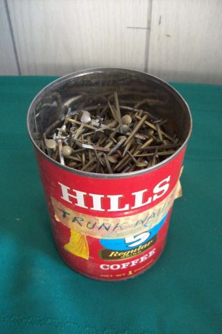 Antique Coffee Can full of Steel & Brass Coated Trunk Nails 1 - 1/4 