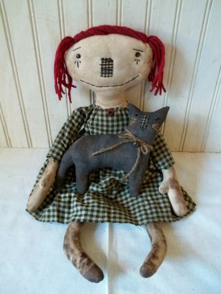 Primitive Grungy Raggedy Ann Doll & Her Black Barn Cat