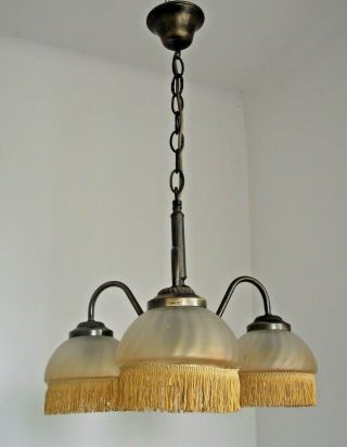 French 3 Arm Bronze Effect Metal Chandelier With Fringed Amber Glass Shades 1336