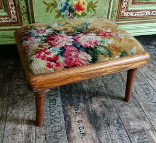 Vintage Wooden Rug Floral Stool Seat Chair Old Retro Oak Wood Rustic