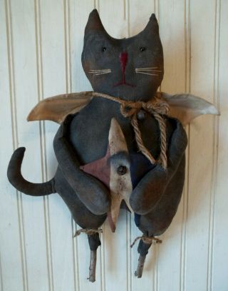 Primitive Grungy Americana Black Kitty Cat Angel Doll & His Patriotic Star