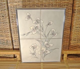 Mid Century Modern Tile Plaque Wall Hanging Orchid Flowers Lavender Gray