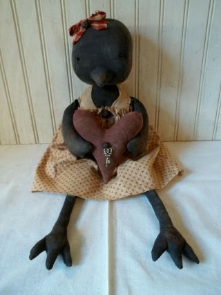 Primitive Grungy Sweet Crow Lady Doll With Her Heart & Key